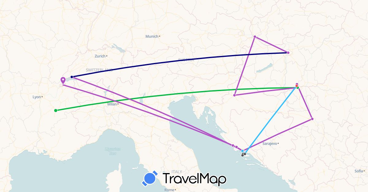 TravelMap itinerary: driving, bus, train, hiking, boat, motorbike in Switzerland, France, Croatia, Serbia, Slovakia (Europe)